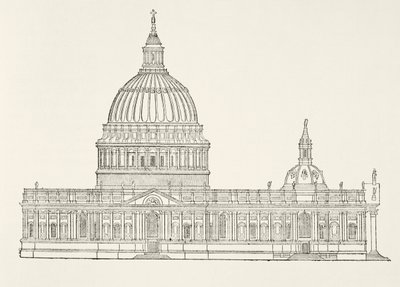 Christopher Wrens első terve az új St. Pauls-katedrálishoz a londoni nagy tűzvész után, William Hickman Smith Aubrey (1858-1916) Anglia nemzeti és hazai története című könyvéből. alkotó: English School