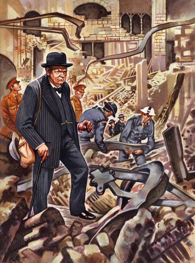 Churchill begutachtet den Schaden, nachdem eine deutsche Bombe einen Teil des Unterhauses zerstört hat von English School