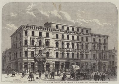 Városfejlesztések, Messers Thomas Tapling, Beall és a vállalat új raktárépülete, valamint a Gresham Street bejárata a rövidáru-csarnokba (metszet) alkotó: English School