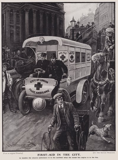 A londoni városi rendőrség elektromos mentőautója (litho) alkotó: English School
