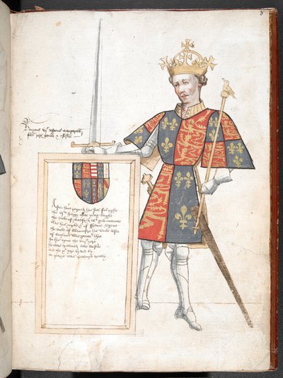 Színes rajz egy angol királyról páncélban és mezben (VI. Henrik), amelyen egy emléktábla versekkel, illusztráció a „Sir Thomas Holme
