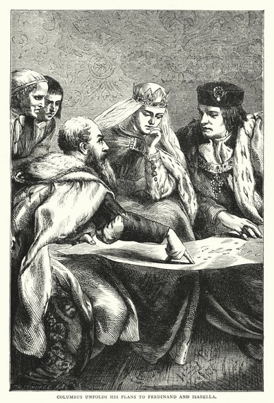 Kolumbusz feltárja Ferdinánd és Izabellának szóló terveit (színes metszet) alkotó: English School
