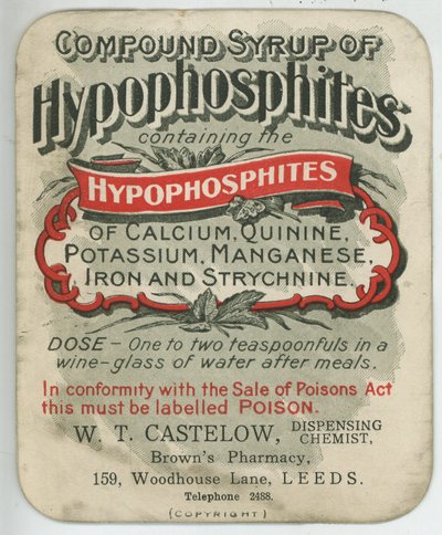Összetett Hypophosphites szirup címke, 20. század eleje (színes litho) alkotó: English School
