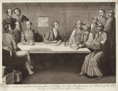 Konferencia Chusanban Bremer Commodore és egy kínai tisztviselő között a HMS Wellesleyről 1841. július 4-én alkotó: English School