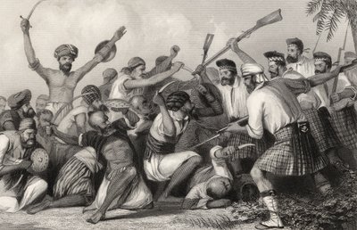 Konfliktus a gázokkal Bareilly előtt, 1858. május 6-án, az 1858-ban megjelent „The History of the Indian Mutiny” c. alkotó: English School