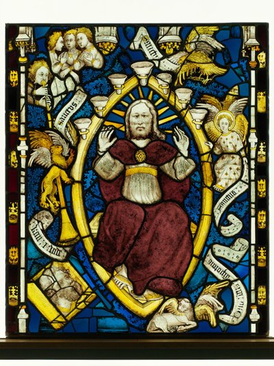 Konzervált tabló a York Minster-i Great East Window-ból: „Isten a felségben” alkotó: English School