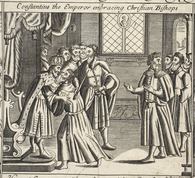 Konstantin, a császár a keresztény püspököket ölelve, illusztráció a Cselekedetek és emlékművekből, John Foxe, kilencedik kiadás, pub. 1684 alkotó: English School