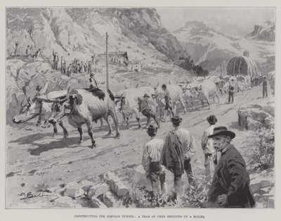 A Simplon-alagút építése, egy ökörcsapat, akik egy kazánt hoznak létre (litho) alkotó: English School