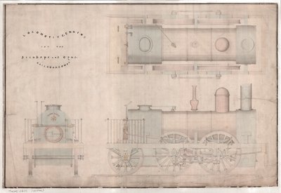 Építési rajz, 0-4-2 mozdony és R. és W. Hawthorn and Co. pályázata a Stanhope and Tyne Railway Co. számára alkotó: English School