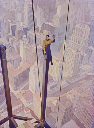 Építőmunkás egy felhőkarcoló acélvázán magasan New York utcái felett, New York, USA (színes litho) alkotó: English School