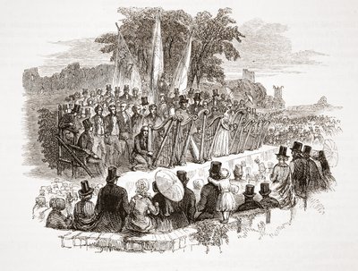 Aranyhárfa verseny a Royal Denbigh Eisteddfodban, mielőtt H.R.H. Susses hercege 1828-ban (acélmetszet) alkotó: English School