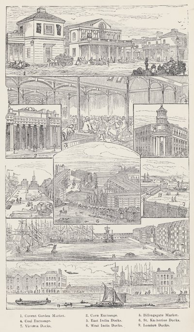 Covent Garden Market, Corn Exchange, Billingsgate Market, Coal Exchange, East India Docks, St Katherine Docks, Victoria Docks, West India Docks, London Docks (metszet) alkotó: English School