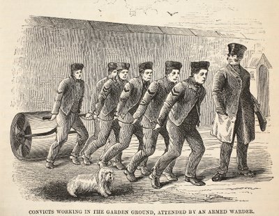 Elítéltek, akik a kertben dolgoznak, fegyveres őr kíséretében, illusztráció a londoni bűnügyi börtönökből, valamint Henry Mayhew és John Binny jelenetek a börtönéletből, kocsma. 1862 alkotó: English School