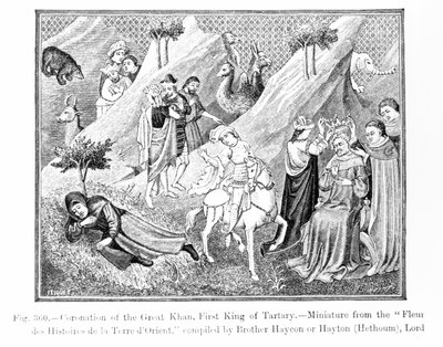 A Nagy Kán (Kublai Khan) megkoronázása (1214-94) Tatár első királya, a Fleur des Histoires de la Terre dOrientből, összeállította: Hayton (megh. 1271), illusztráció a Tudomány és Irodalomból in t alkotó: English School