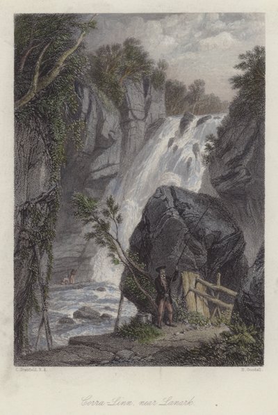 Corra Linn, Lanark közelében, Skóciában (színes metszet) alkotó: English School