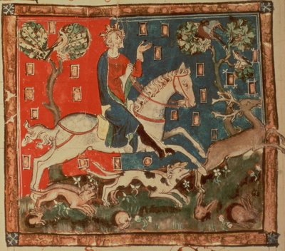Cott Claud D II f.113 King John vadászat, a „Liber Legum Antiquorum Regum”-ból, 1321 körül (vellum) alkotó: English School