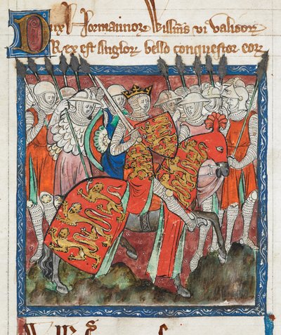 Cott Claud D II f.33 Hódító Vilmos katonáival lovagol, „Az ókori királyok törvényeinek könyve” (vellum) alkotó: English School