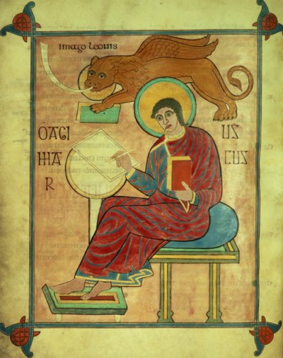 Cott Nero DIV f.93v Szent Márk szimbólumával ülve, a Lindisfarne-i evangéliumokból, 710-721 (vellum) alkotó: English School