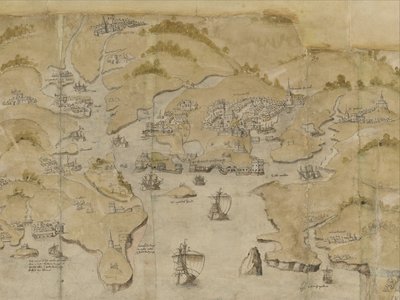 Pamut Augustus I. i. 38 Fowey és Salcombe közötti tengerpart térképe, beleértve Plymouth-ot is. A part panorámatérképének része Land