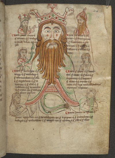 Cotton Caligula A. VIII, f.29 Woden rajza leszármazottaival körülvéve; egy traktátusban a Heptarchiáról, 1153-66 körül (vellum) alkotó: English School