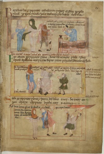 Cotton Claudius B IV fol.10 Lamech és két felesége és fia, Tubalcain, a kovács, munkában (vellum) alkotó: English School