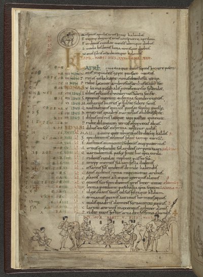 Cotton MS Julius A. VI, f.4v, Április naptári oldala: Lakomázó jelenet három nemessel (vellum) alkotó: English School