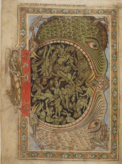 Cotton Nero C IV f.39 A pokol állkapcsa egy angyal által rögzítve, Blois Henrik zsoltárából, 1121-61 körül (vellum) alkotó: English School