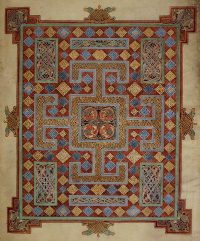 Cotton Nero D. IV, f.138v Szőnyegoldal, amely Szent Lukács evangéliumát mutatja be, a Lindisfarne-i evangéliumokból, 710-21 (vellum) alkotó: English School