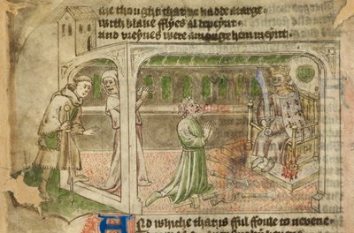 Cotton Tiberius A. VII, f.65v, A Bálványimádás Háza, belépő zarándok és egy koronás bálványt (vellum) imádó férfi alkotó: English School