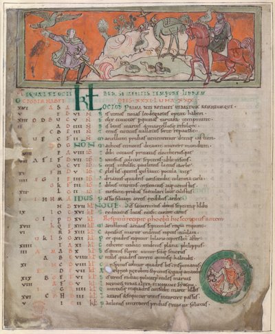 Cotton Tiberius B. V, 1. rész, f.7v Illusztráció egy „angolszász naptárból” (vellum) alkotó: English School