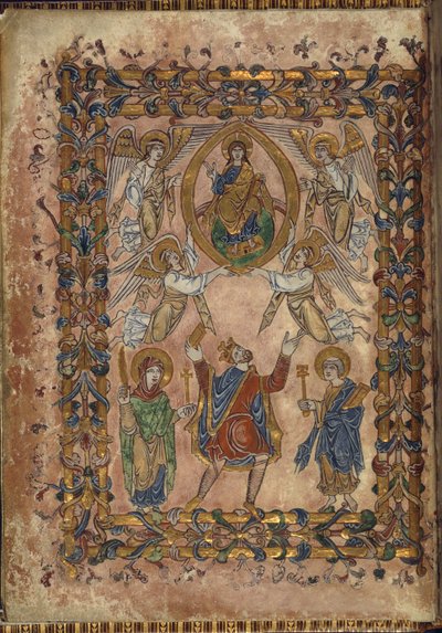 Pamut Vespasianus A. VIII, f.2v Edgar chartát ajánl Krisztusnak, illusztráció a „The New Minster Charter”, 966 (vellum) alkotó: English School