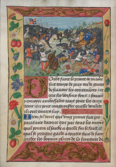 Cotton Vespasianus A xvii, f.13v, Anglia királya fehér lovon ülve, üldözi a menekülő francia királyt, Robert de Balsac Manual on Warfare for the Instruction of a Prince, 1490-es évek körül (vellum) alkotó: English School