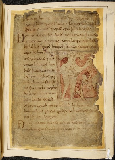 Cotton Vitellius A. XV f.104r, A panotii, azaz egy szárra kiálló fülű férfi, aki íjnak látszó tárgyat tart, illusztráció Beowulfból, a „Nowell Codex”-ből (tinta pergamenen) alkotó: English School