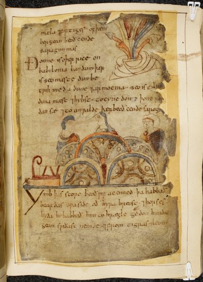 Cotton Vitellius A. XV f.105, aranyszőlőfa; három ember beszélget, egy kedves nemzetet jelképezve, akik a Vörös-tengeren uralkodnak, ahol a legjobb gyöngyök találhatók, illusztráció Beowulfból, a „Nowell Codex”-ből (tinta pergamenre) alkotó: English School