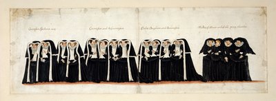 grófnők asszisztensek; grófnők és vikomtnők; grófok és bárónők lányai; Díszleányok és a titkos kamara. Része I. Erzsébet királynő temetési menetének a Westminster-apátságba, 1603. április 28. alkotó: English School