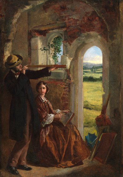 Pár tájat figyelve (olaj a kártyán a panelre) alkotó: English School