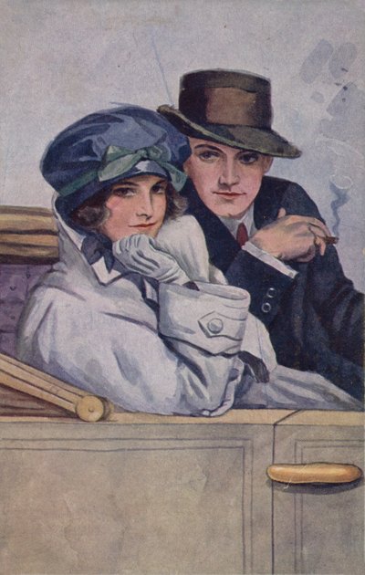 Pár ül egy autóban (színes litográfia) alkotó: English School