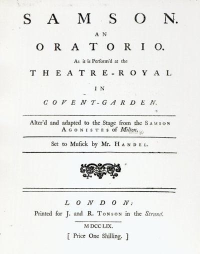 Sámson kottaborítója, Händel oratóriuma, amely 1759-ben jelent meg alkotó: English School