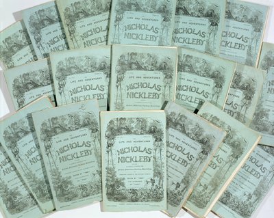 Borítók a Charles Dickens (1812-70) Nicholas Nickleby élete és kalandjai című, 1839-ben megjelent havi számából (lásd: 136075) alkotó: English School