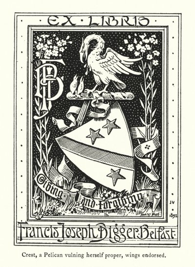 Crest, egy Pelikán, aki védi magát, szárnyakkal ellátva (metszet) alkotó: English School