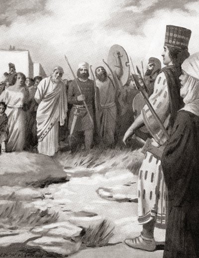 Lídiai Kroiszosz Nagy Kürosz előtt vezetett Szardisz elfoglalásakor, Kr.e. 546 körül, Hutchinson History of the Nations című könyvéből, 1915. alkotó: English School