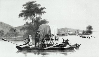 Átkelés a Deer Creek Platte-torkolatán, Howard Stansbury által a Utah-i Nagy Sóstó völgyének feltárásából és felméréséből, 1852. alkotó: English School