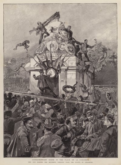 Tömegek tépték le a gyászjelvényeket Strasbourg szobráról a Place de la Concorde-on, Párizsban alkotó: English School