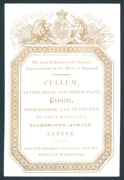 Cullum, Letter-Press és Réz-lemez nyomtató, kereskedelmi kártya alkotó: English School
