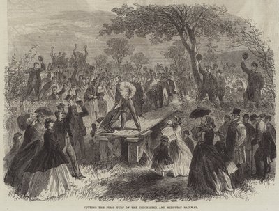 A Chichester és Midhurst vasút első gyepének kivágása (metszet) alkotó: English School