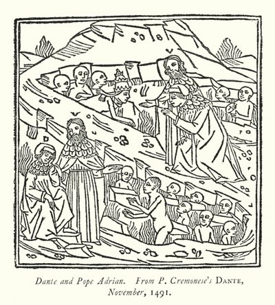 Dante és Adrian pápa, P Cremonese Dante című művéből, 1491. november (metszet) alkotó: English School