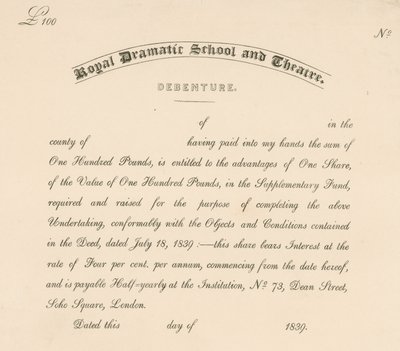 Kötvény a Royal Dramatic School and Theatre számára, 73 Dean Street, Soho Square, London alkotó: English School
