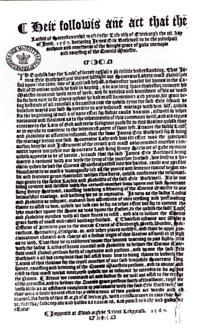 Lordok nyilatkozata, mely szerint Bothwell grófja Lord Darnley gyilkosa, 1567 (toll és tinta papíron) alkotó: English School
