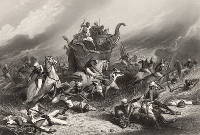 Rose tábornok 1858. április 1-én a Peishwas hadsereg legyőzése Jhansi előtt, az 1858-ban megjelent „Az indiai lázadás története” című könyvéből. alkotó: English School