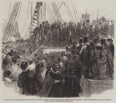 800 nonkonformista indulása Londonból, a héten csütörtökön, az új-zélandi Albertland új kolóniába, jelenet a Matilda Wattenbach fedélzetén a Passage down the River-en (metszet) alkotó: English School